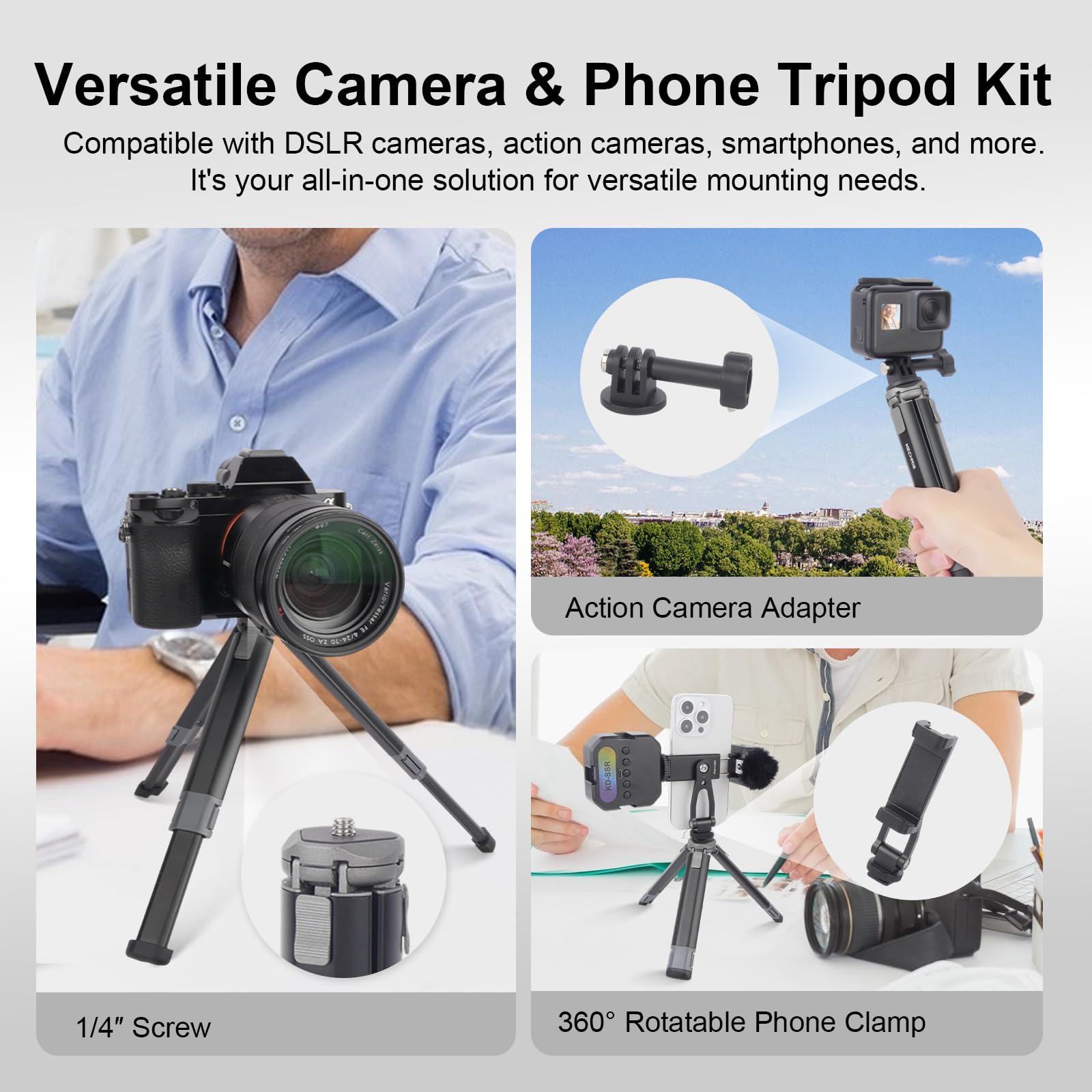 Mechrig Mini Camera Tripod Kit, All Aluminum Desk Tripod with 360° Phone Holder for DSLR/Action Camera/Cellphone, Phone Tripod Stand Selfie Stick for Video Recording/Vlogging, Max Load 11lbs (SY027)