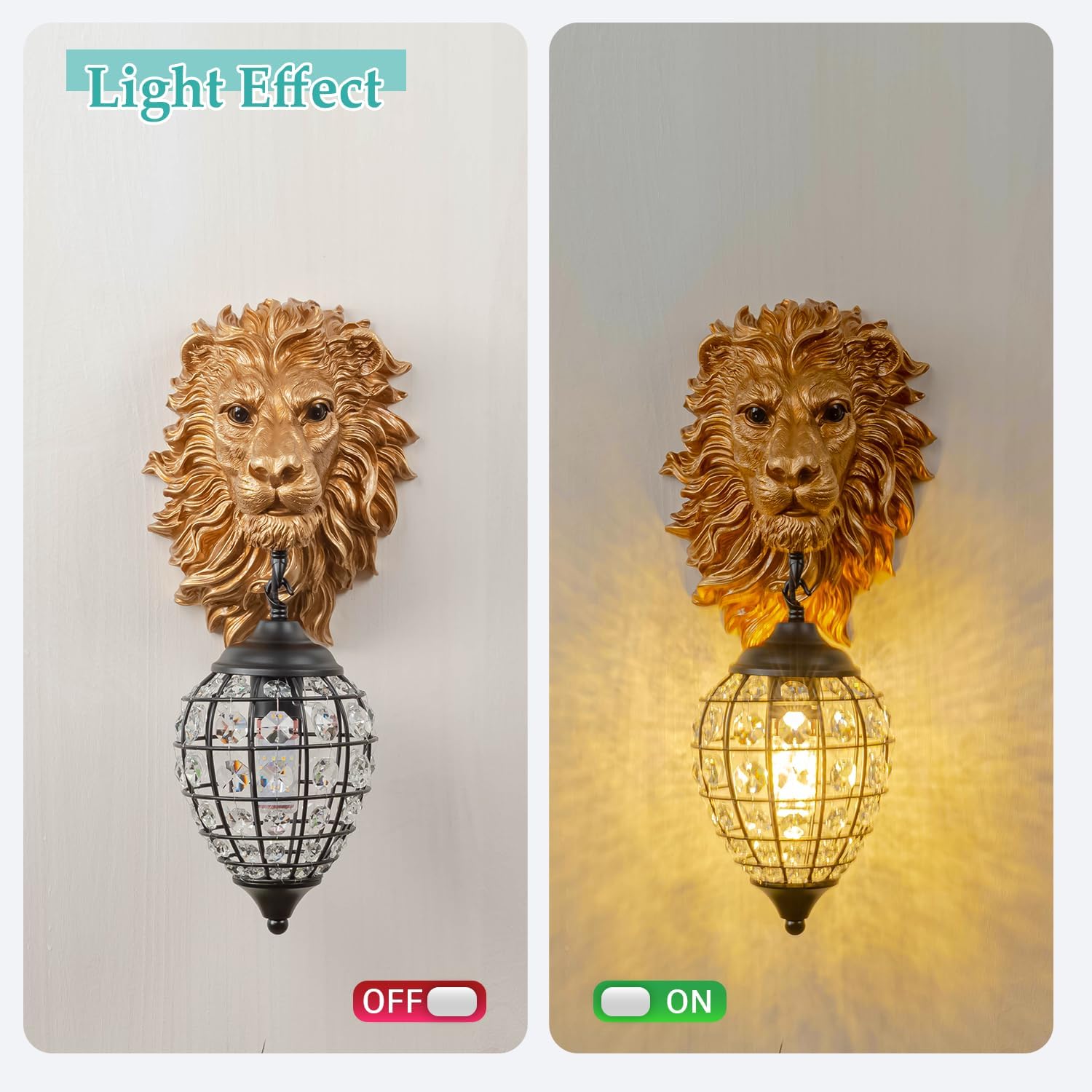 Classy Lion Head Wall Sconces, Lion Wall Lighting with Crystal Beaded Shade, Decorative Resin Wall Mount Lights for Stairwell, Bedroom, Hallway 12.9" Hx8.6 W (Small)