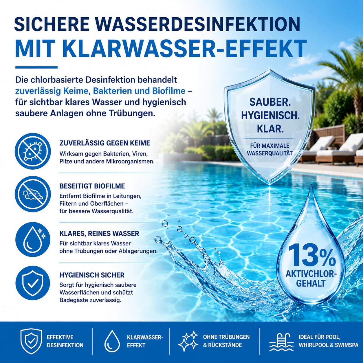 HERRLAN® Chlor flüssig 13% – 10 Liter Gebinde, 13 Kg Netto - Unstabilisiert & frei von Cyanursäure - Profi-Wasserdesinfektion für Pool, SwimSpa & Whirlpool - Made in Germany