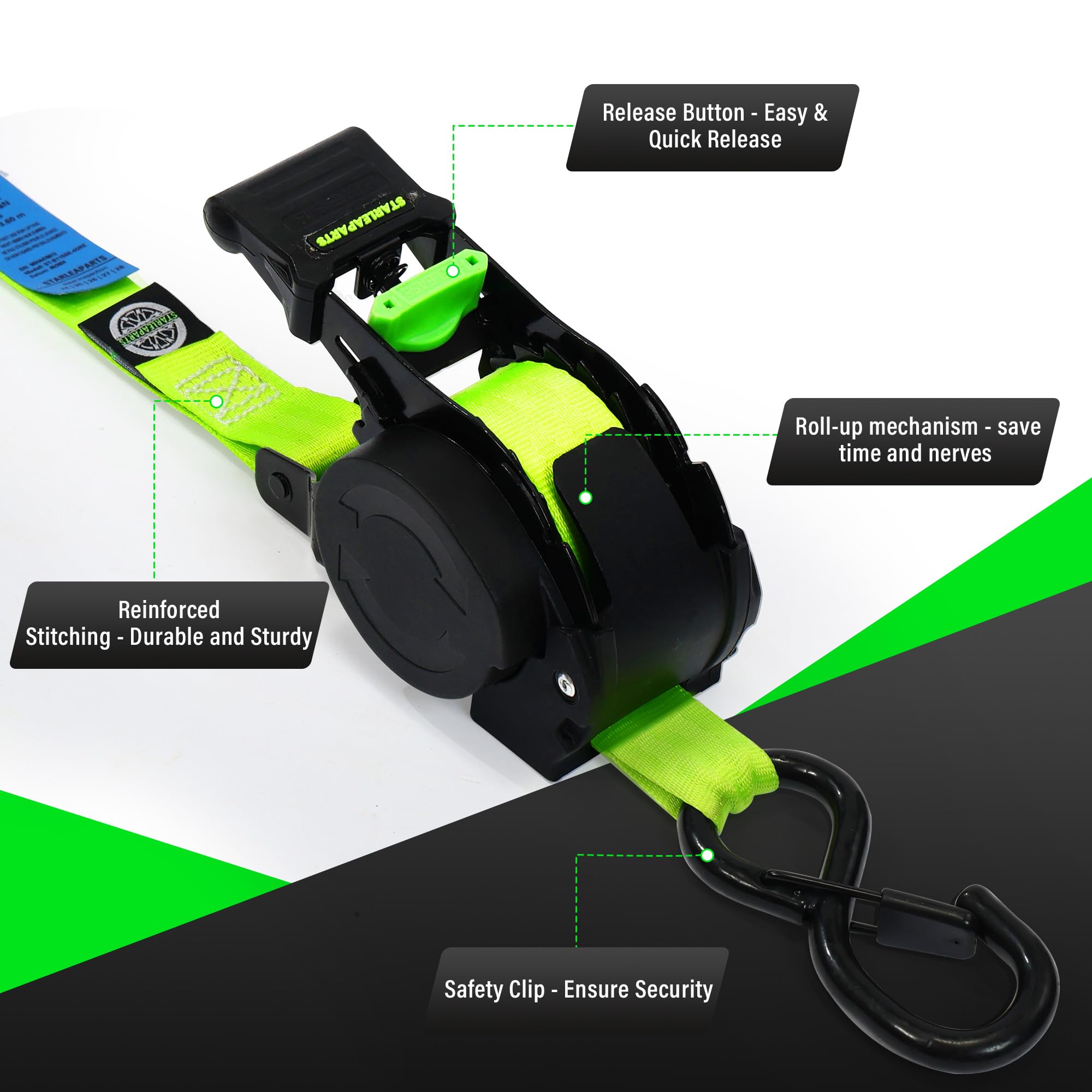 STARLEAPARTS Cinghia di tensione automatica con gancio a S, cinghie retrattili, 2 pezzi | 3,6 m x 25 mm, 340 kg/680 kg, avvolgitore automatico con cricchetto, per moto, kayak, verde