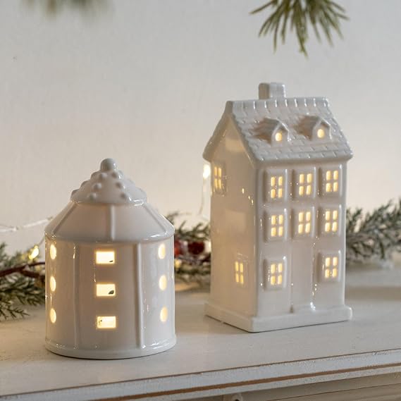 Holiday Festival Ceramic Village Home Statue Figurine LED Light Christmas Lights Decoration Home Decor Supplies Miniature