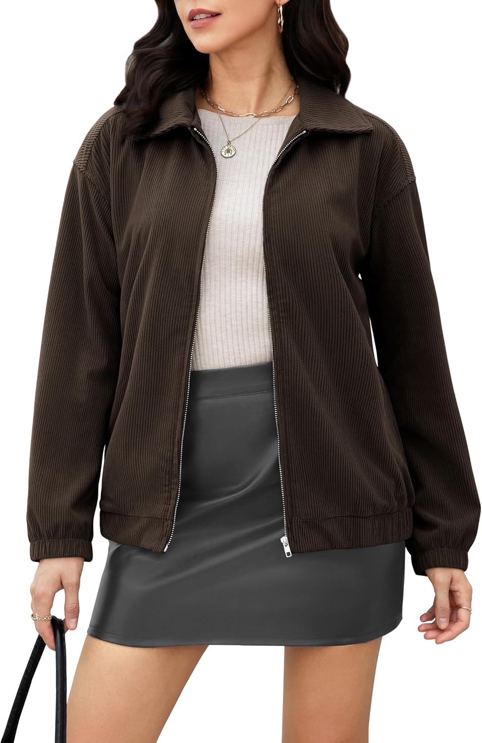 Casly Lamiit Women's Corduroy Jacket Fall Casual Zip Up Lapel Coat Trendy Winter Barn Jackets