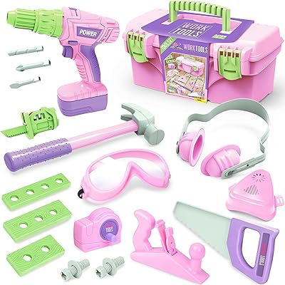 Kids Tool Set, Girls Tool Set Pretend Play Construction Toy Tool with Tool Box, Toddler Tool Set with Electric Toy Drill for Toddler Boy Girl Kid Child Tool Toy Pink Ages 3+