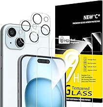 NEW'C 4 Pack, 2 Pack for iPhone 15 Plus Screen Protector (6.7 inch) + 2 Pack Camera Lens Protector, Sensor Protection,Case Friendly Tempered Glass Film