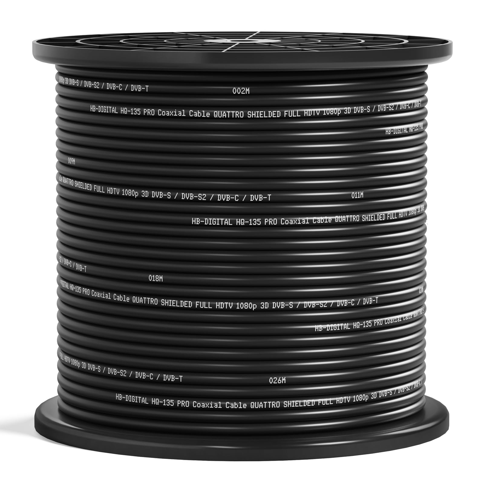 HB-DIGITAL 250m Cable Coaxial HQ-135 Cable de Antena 135dB Cable SAT 8K 4K UHD 4 Veces Apantallado Para Sistemas DVB-S / S2 DVB-C / C2 DVB-T / T2 DAB+ Radio BK + 10 F-Plug GRATIS