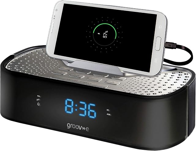 Groov-e GVSP406BK Time Curve Digital Alarm Clock FM Radio with USB Charging Station, LED Display, 3.5mm AUX Input and Smartphone Holder - Black, 4.88 in*3.43 in*11.02 in