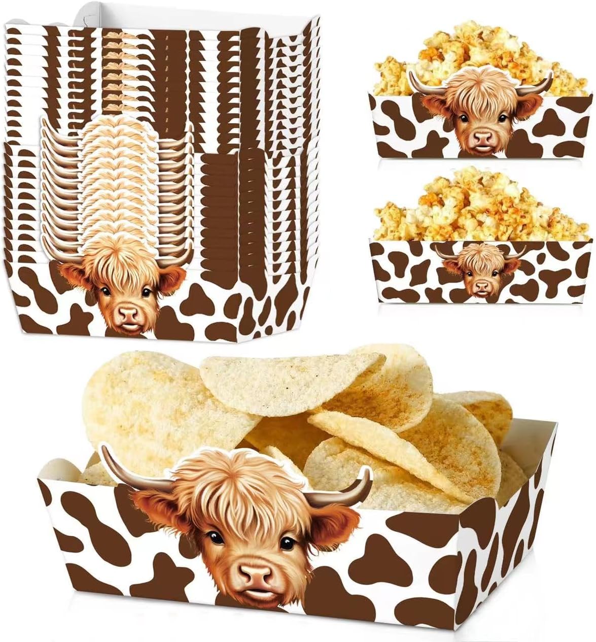 Zliisang 24 Pcs Highland Cow Party Supplies Paper Food Trays Disposable Serving Tray Nacho Trays Food Boats for Cow Birthday Decorations