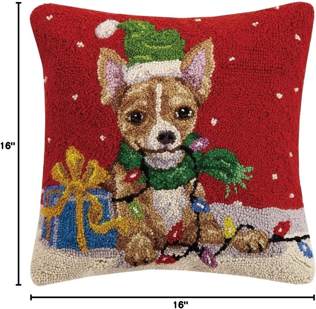 Peking Handicraft 31SJM10070C16SQ Brown Chihuahua Holiday Hook Pillow, 16-inch Square, Wool and Cotton
