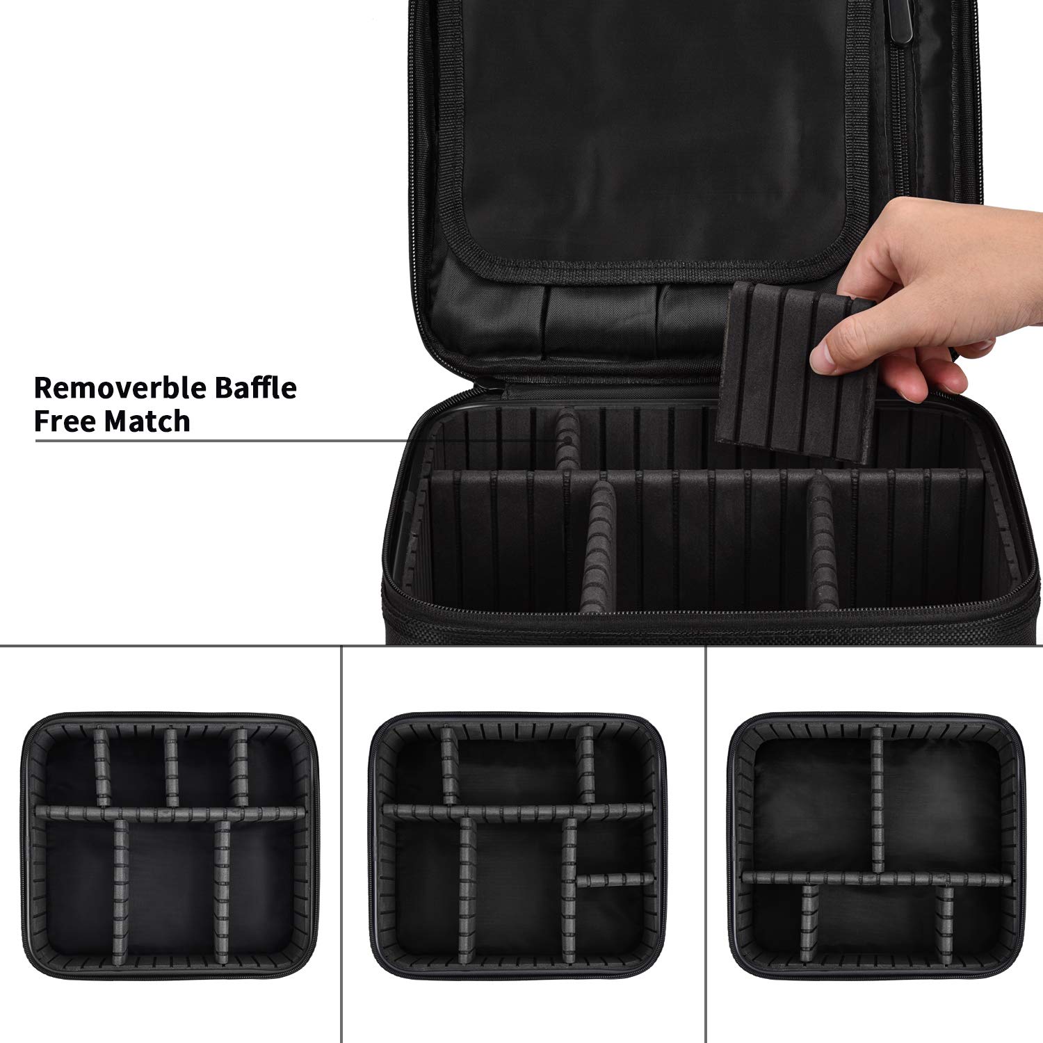 Travel Makeup Case Professional Cosmetic Train Cases Artist Storage Bag Make Up Tool Boxes Brushes Bags With Compartments Waterproof Detachable Vanity Organizer, Black, M, Minimalist 1