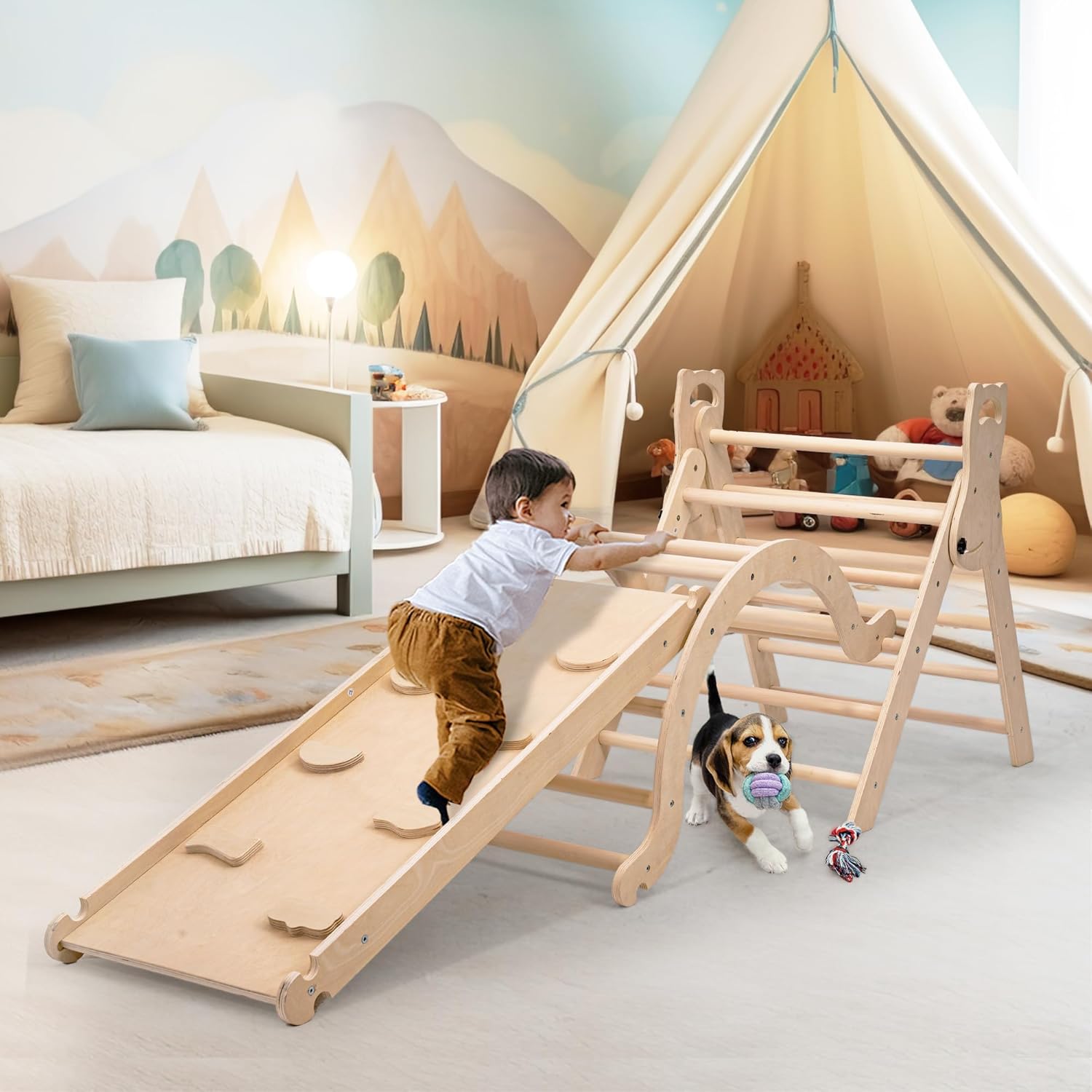 Pikler Triangle Set with Cushion, Arch and Slide, Toddler Climbing Toys Indoor Playground, Montessori Climbing Set, Indoor Jungle Gym, Wooden Pickler-3 Piece Climbing Gym for Kids 1.5-6yr