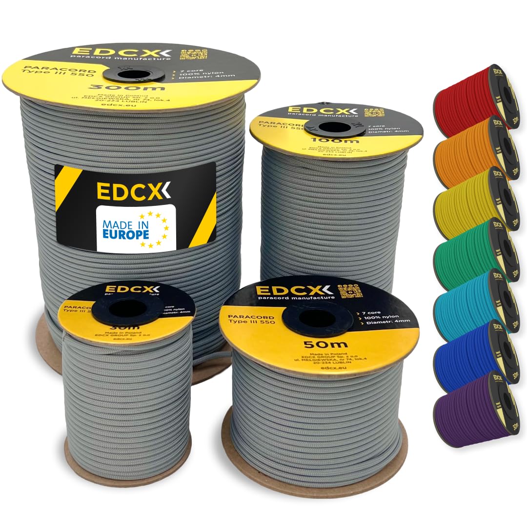 EDCX 4mm Nylon Paracord 550 15m (50 feet) | Ideal for Camping, Survival, Outdoor, Crafting, DIY | 100% Nylon Rope 4mm | Paracord 550 Type III in Solid Color (Dark Grey, 15 m)