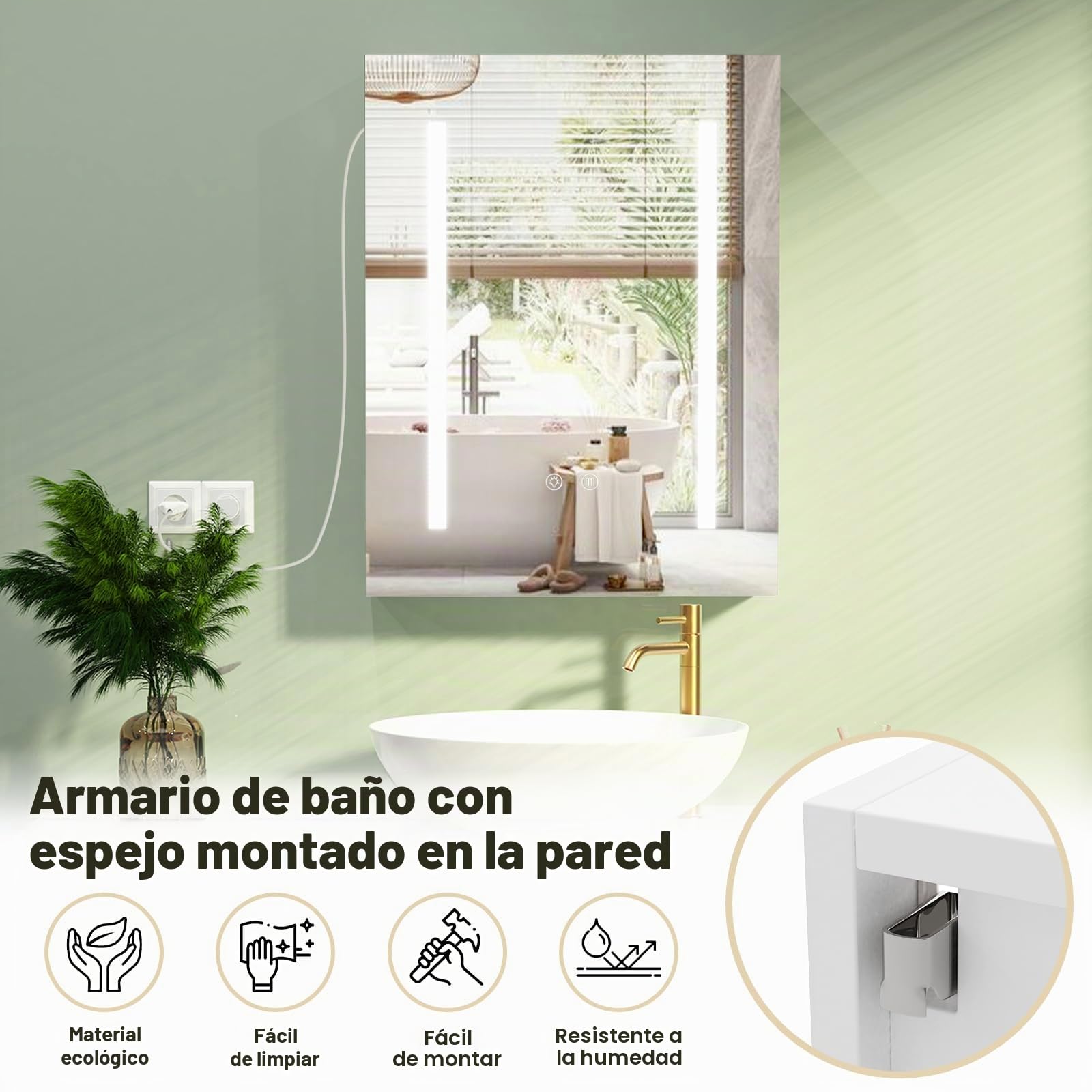 Pipipoxer armario con espejo de baño iluminado y desoxidación, estantes de almacenamiento, 60 x 80 x 15 cm, baño, espejo colgante, 3