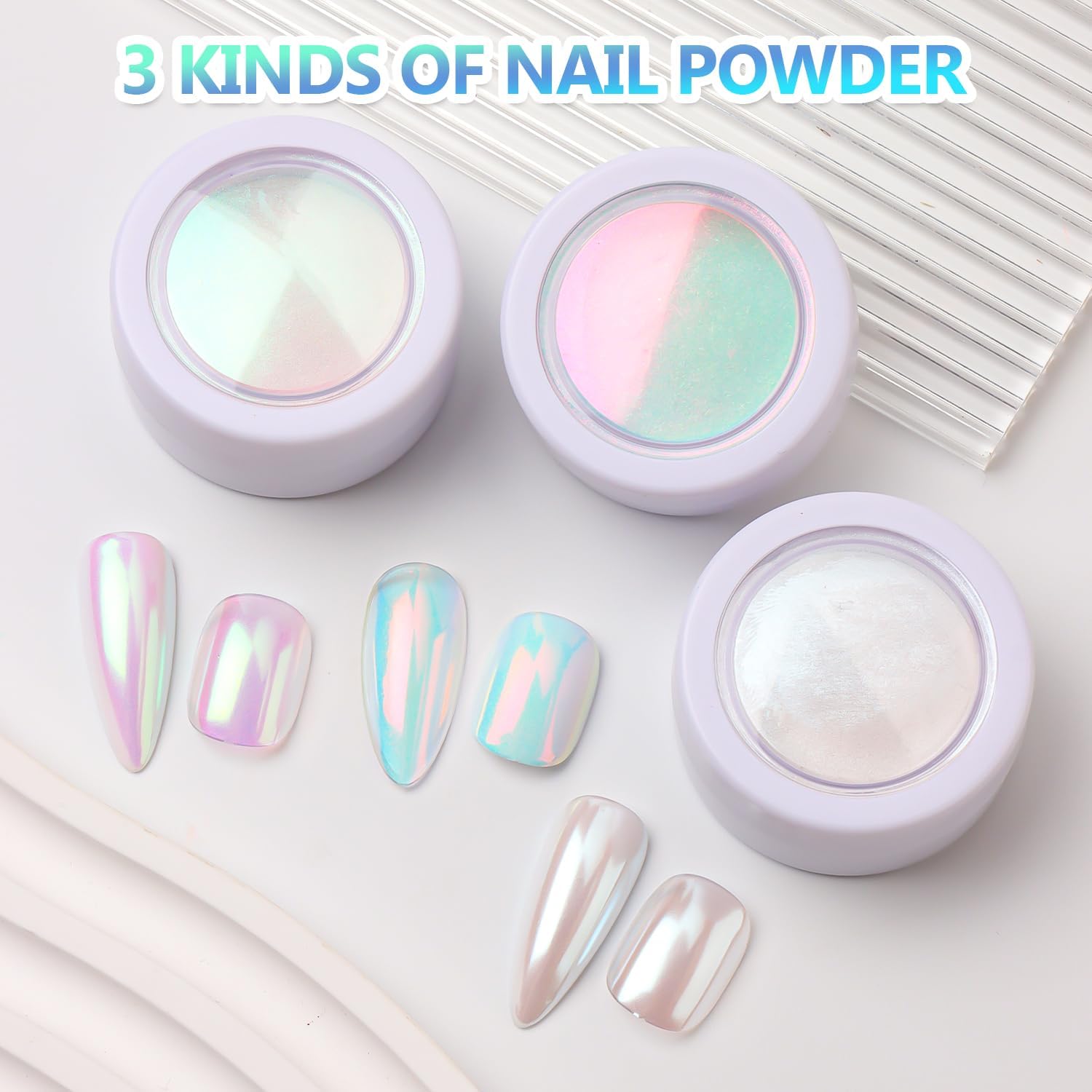 Chrome Nail Powder 3 Jars White and Aurora Pearl