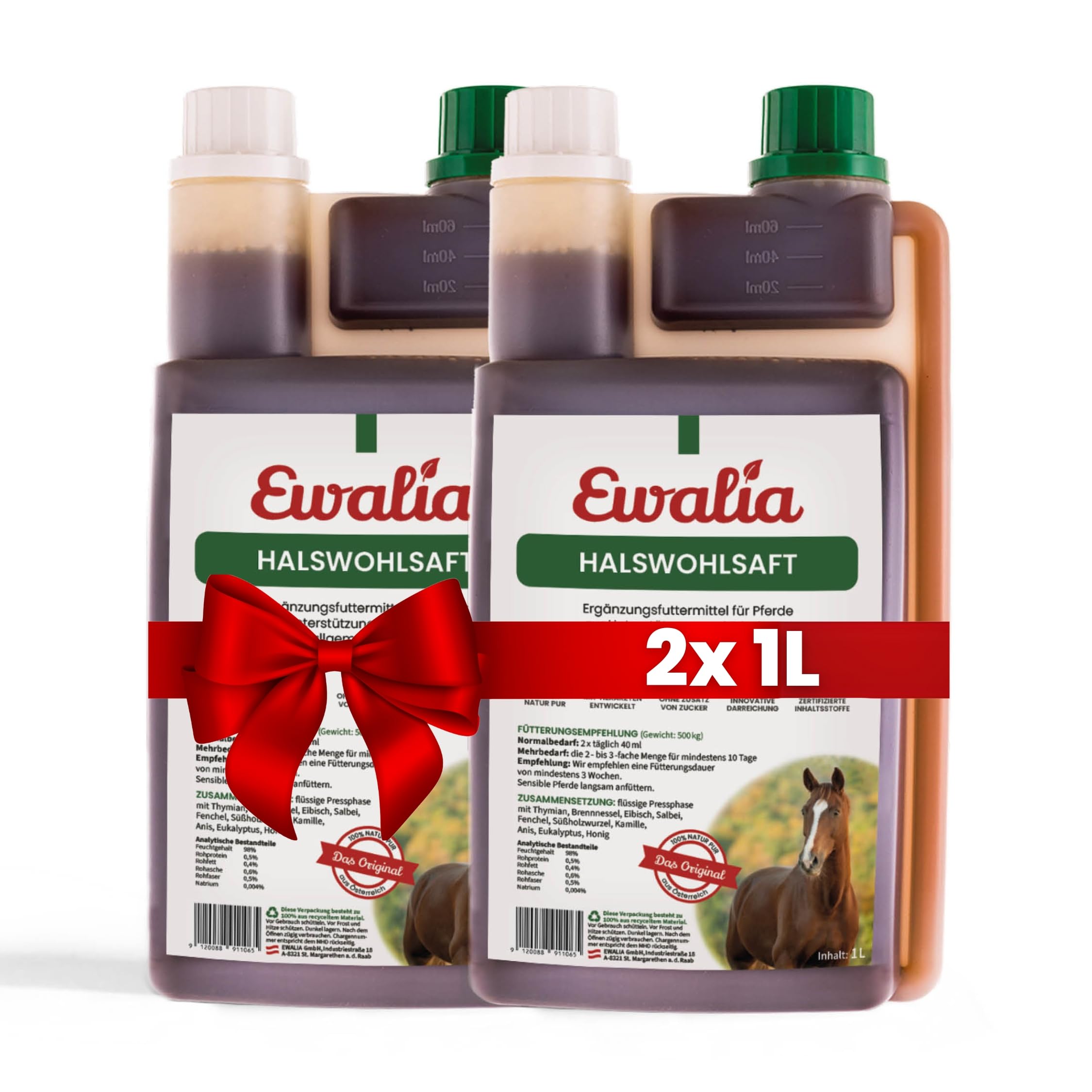 NEU! EWALIA Halswohlsaft - Beruhigendes Ergänzungsfuttermittel für Pferde, Förderung des allgemeinen Wohlbefindens, Natürliche Kräuterformel für Vitalität - mit Tierärzten entwickelt, 2x1 Liter