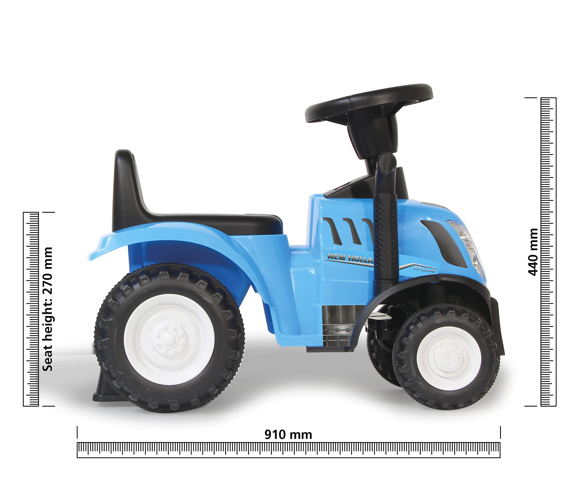 JAMARA 460355 New Holland T7 traktor antypoślizgowy – od 12 miesięcy, wysokość siedziska 270 mm, ochrona przed przewróceniem, wierny wygląd, przyczepa z łopatą i grabkami, oświetlenie LED, niebieski
