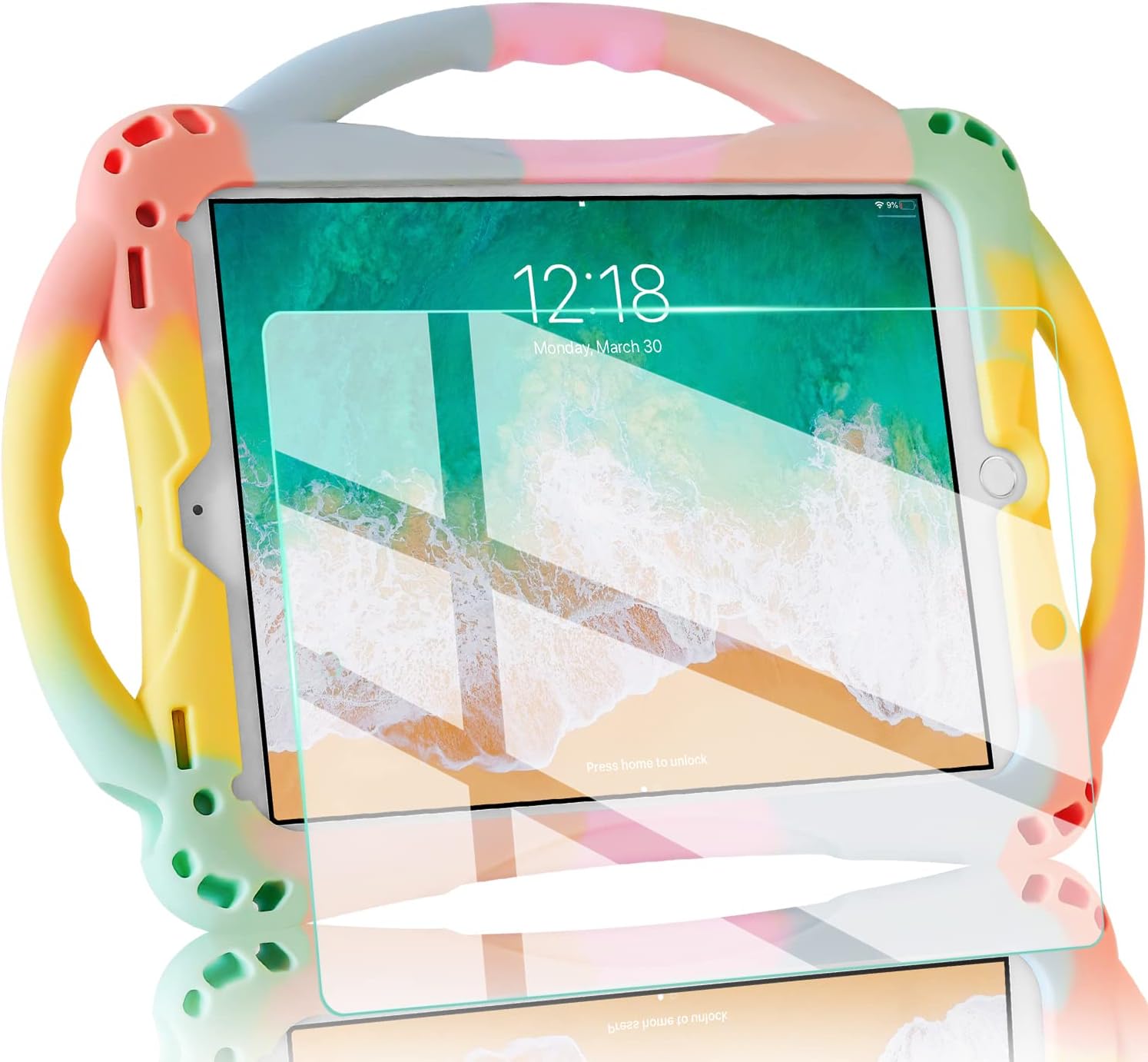 TopEsct Kids Case for iPad 6th/5th Generation, Silicon Shockproof Case for New iPad 2017/2018 9.7 inch with Tempered Glass Screen Protector and Strap, Cover for iPad Air & Air 2