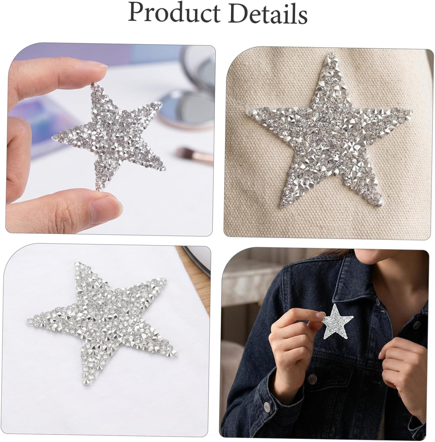 SOLUSTRE 16pcs Silver Rhinestone Star Iron-on Patches Set – Sparkly Adhesive Appliques for Clothing, Bags, Jeans – 2.4 Inch Decorative Embellishments for DIY Fashion and Festival Crafts