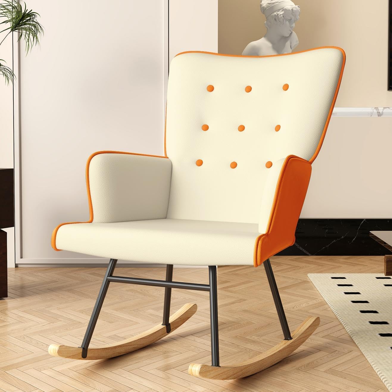 VIRRMO Glider Rocking Chair Nursery Comfy Accent Chair with High Back Faux Leather Living Room Chairs Color Button Tufted Armchair Reading Chair for Bedroom Nursery Office, Cream+Orange Yellow