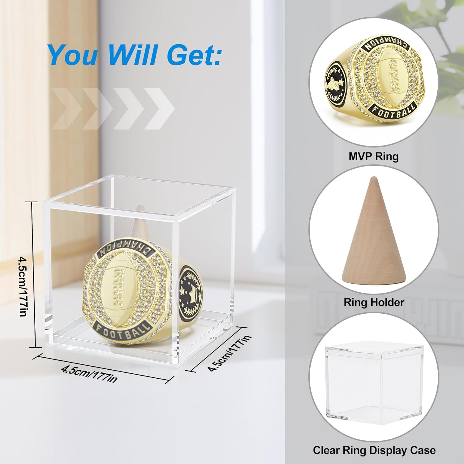 1-12 Pack MVP Football Baseball Basketball Soccer Champion Ring Championship Rings Most Valuable Player Football Baseball Basketball Soccer Gold Award Trophy Medals Ring with Display Case and Holder