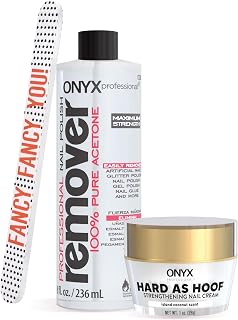 Onyx Professional Bundle Hard as Hoof Nail Strengthening Coconut Scented Cream, 1 oz. & 100% Pure Acetone Nail Polish Remover Kit with 7 inch Nail File, 8 fl oz, Made in the USA