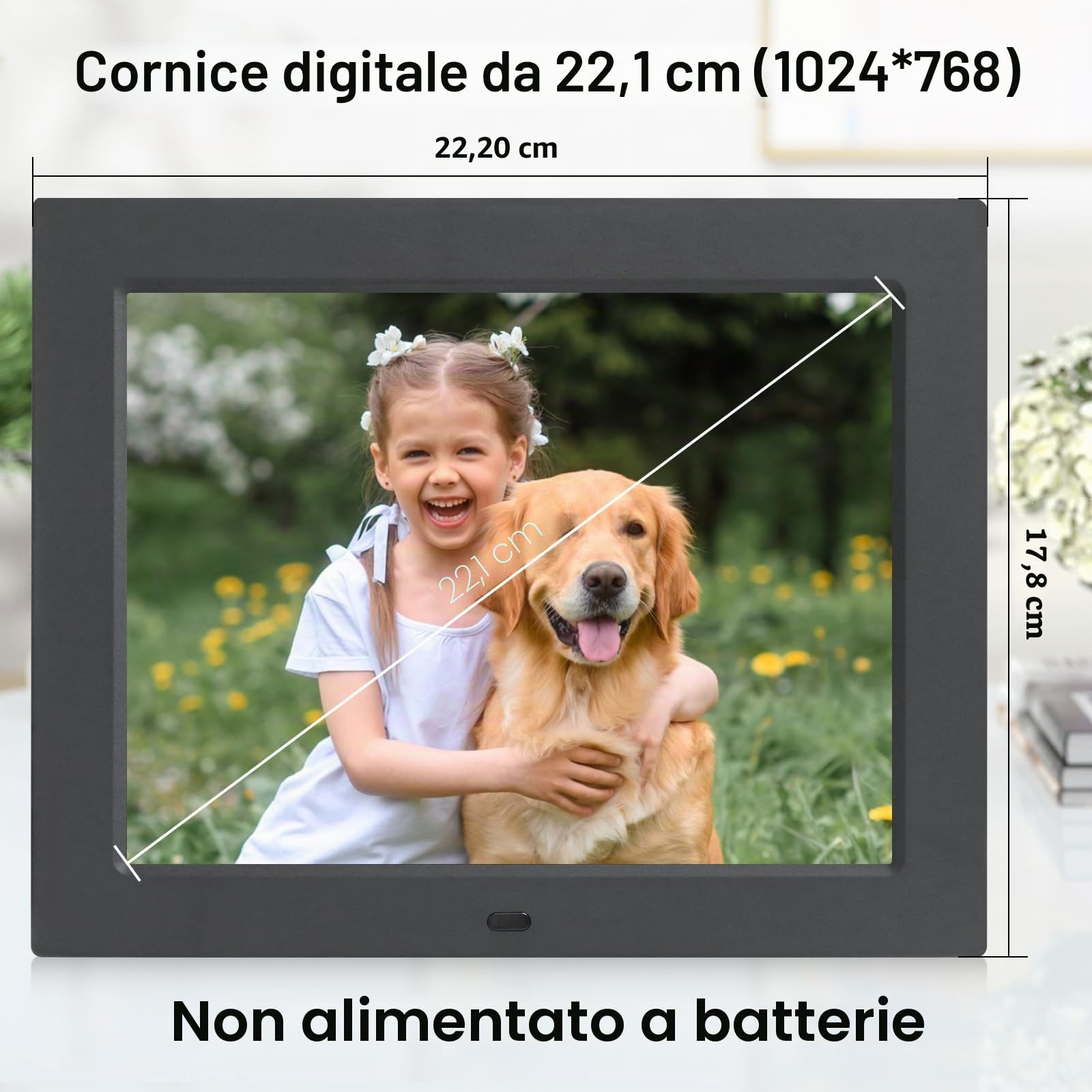 TSITSC Cornice digitale da 8,7 pollici, schermo IPS 1024 x 768, cornice elettronica, calendario/funzione orologio/musica/lettore foto/video con telecomando, supporta scheda USB/SD (nero)
