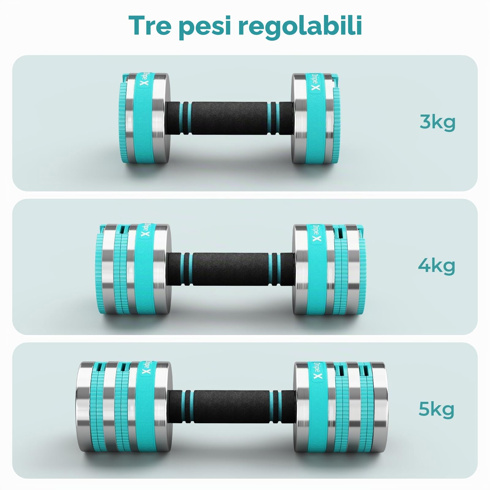 Dripex Manubri regolabili con manico in schiuma, 1 paio di manubri da 5 kg x 2 o 10 kg x2 con un peso regolabile rapidamente da 3 kg a 10 kg innovativi manubri in acciaio per la casa