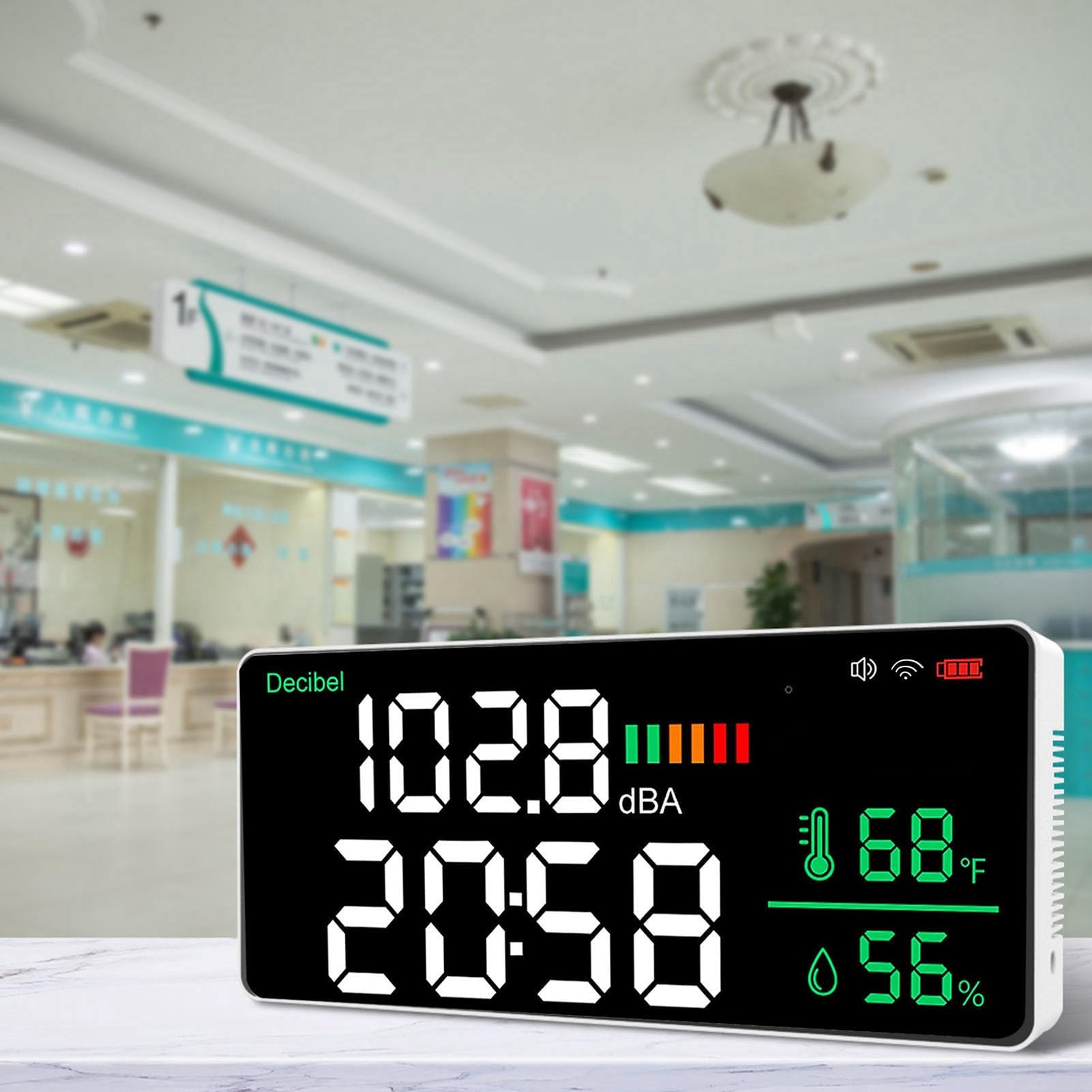 LED Decibel Messgerät 2,4 G WiFi -Wandmontage 11 Zoll LED -Temperaturfeuchtigkeitszeitanzeigeschallmesser für - Multifunktionaler Geräuschdetektor für den Gebrauch von Zuhause und Büro
