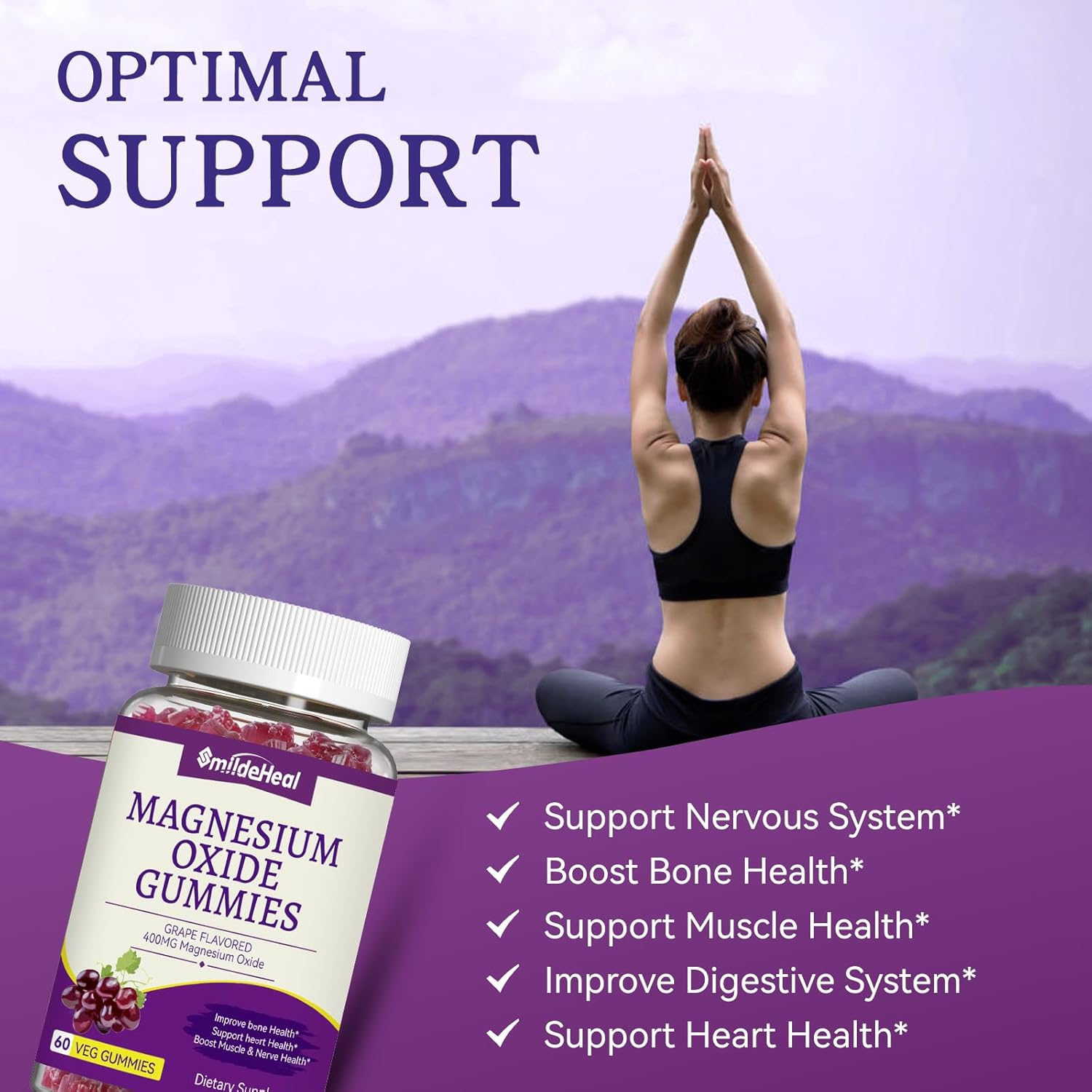 2 Pack Magnesium Oxide Gummies 400mg, Chewable Magnesium Oxide Supplement for Adults, Nerve & Muscle Support - Sugar-Free, Vegan,120 Count