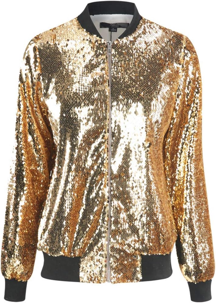 Cresay Women's Sequin Fitted Long Sleeve Zipper Blazer Bomber Jacket