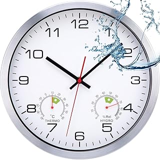 VIVILINEN Reloj de Pared para Exteriores Impermeable con Indicador de Temperatura y Humedad, Esfera Resistente a los Rayos...