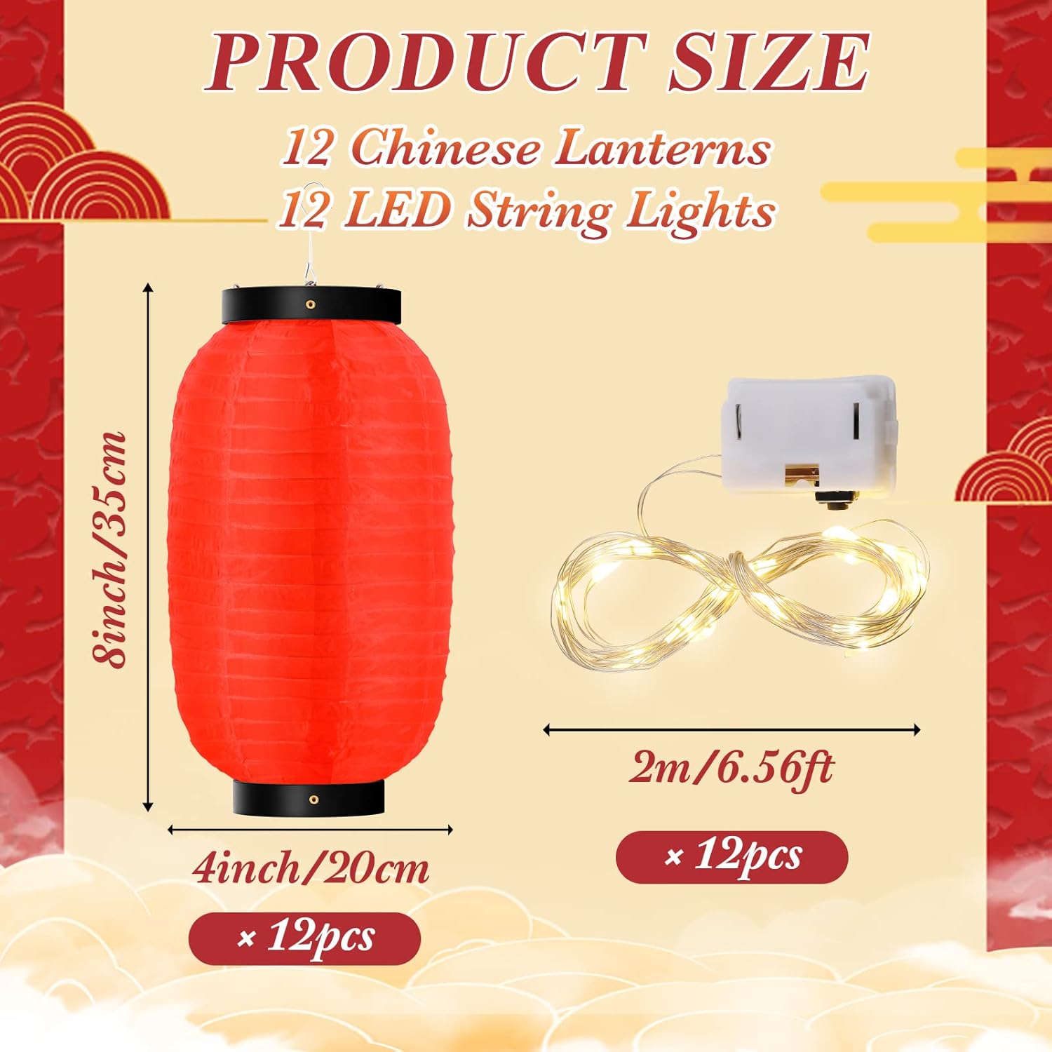 24 Pcs Traditional Japanese Style Red Silk Hanging Lantern Set Including 12 Pcs Paper Lanterns Japanese Decorations and 12 Lights for Chinese New Year Luna Festival Party Decoration DIY Crafts