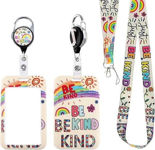 BKBKAAK Bonito cordón con soporte para tarjetas y clip retráctil para niños, para autismo, arcoíris, tarjetero de identificación para llaves, niñas,