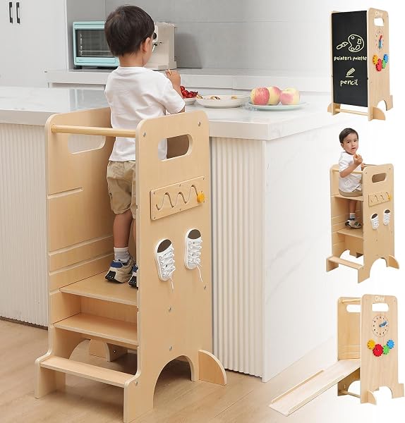 Tour d'apprentissage Montessori 4 en 1 Olvy Kids - Échelle en Bois - Tabouret escabeau à 4 marches - Tour de Cuisine pour Enfants - Tour d'apprentissage Debout pour Enfants à partir de 1 an - 1