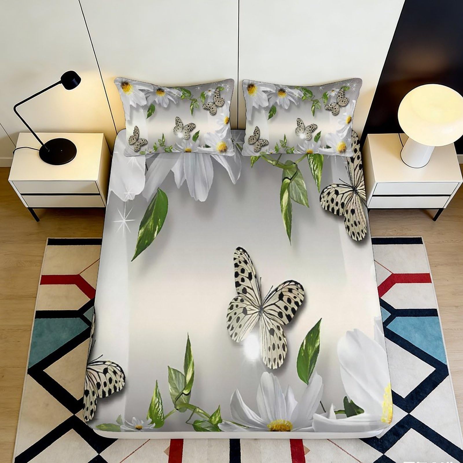 Pnayamiorkfel Style-6 3D Printed Butterfly Daisy Fitted Sheet Microfiber Soft Anti-Slip Bed Cover For Bedroom Guest Room Mattresses Decor 90X200x25cm