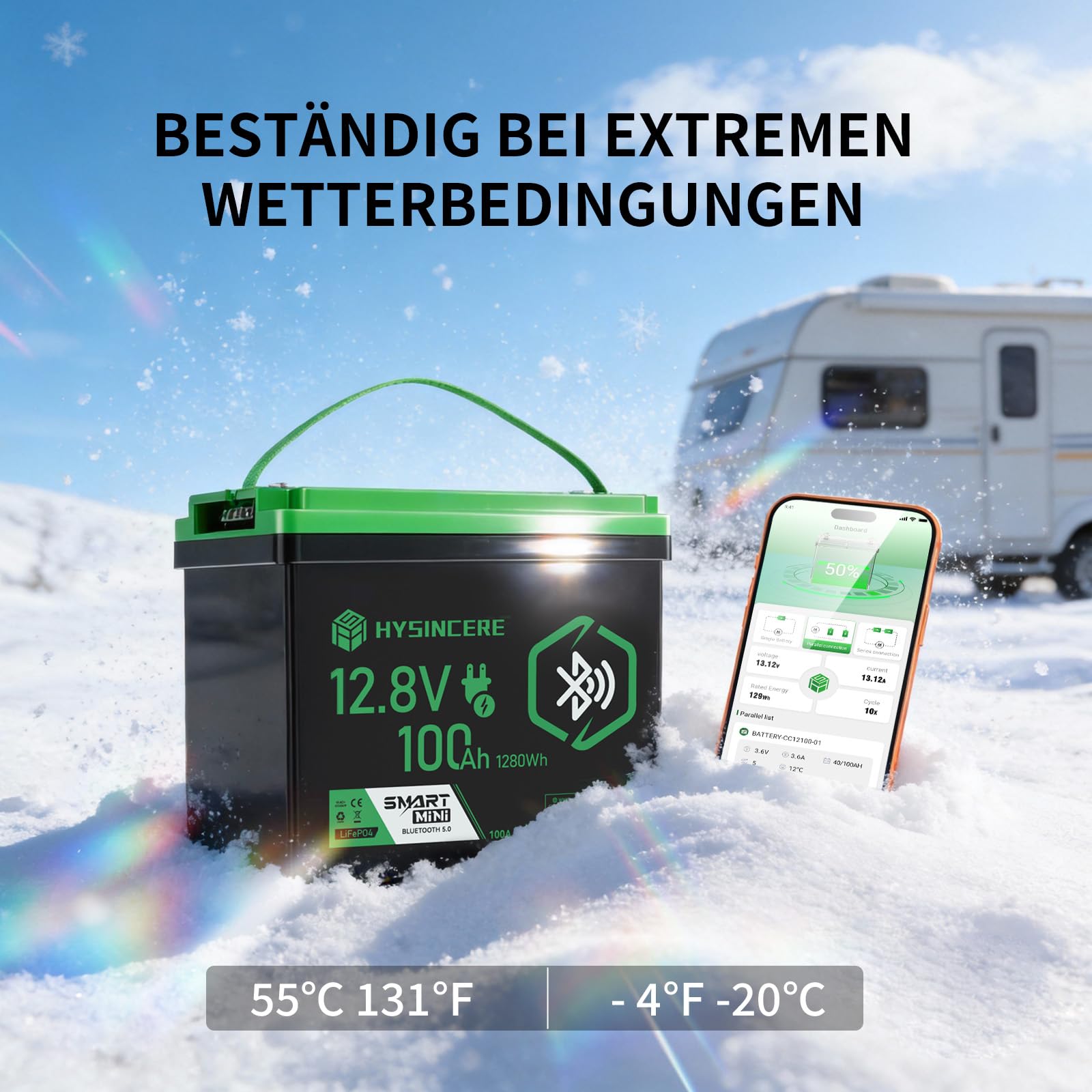 Batería LiFePO4 12V 100Ah con Bluetooth, BMS de 100A Integrado, IP67 Impermeable, hasta 15000 Ciclos, Batería de Ciclo Profundo de Litio para Autocaravana, Solar y Marina