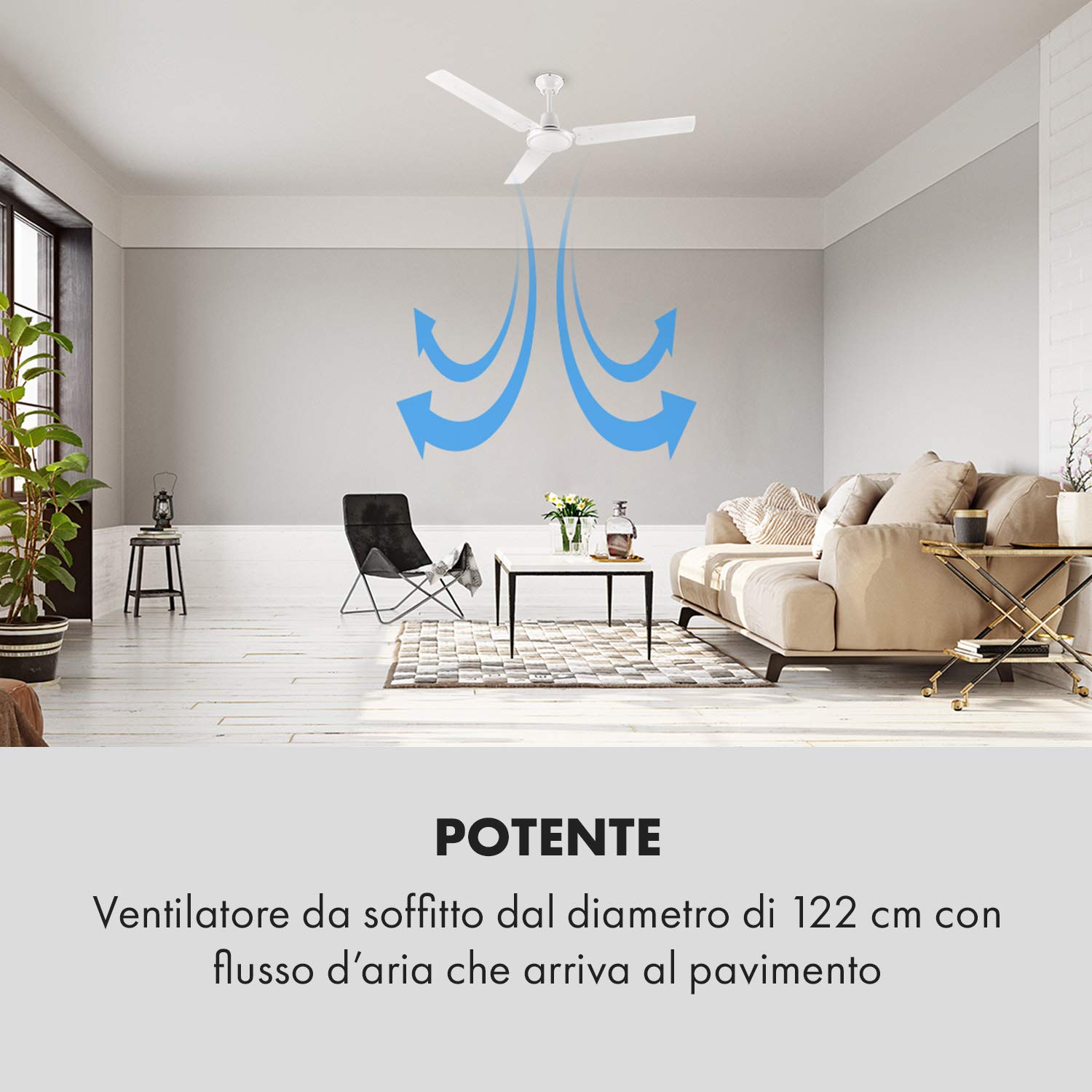 Klarstein Spin Doctor - Ventilatore da Soffitto, 3 Pale, Diametro: 48"/122 cm, Flusso d'Aria: 9963 m³/h, 56 W, 3 Velocità, Controllo a Parete Separato, Corpo: Acciaio Inox, Bianco