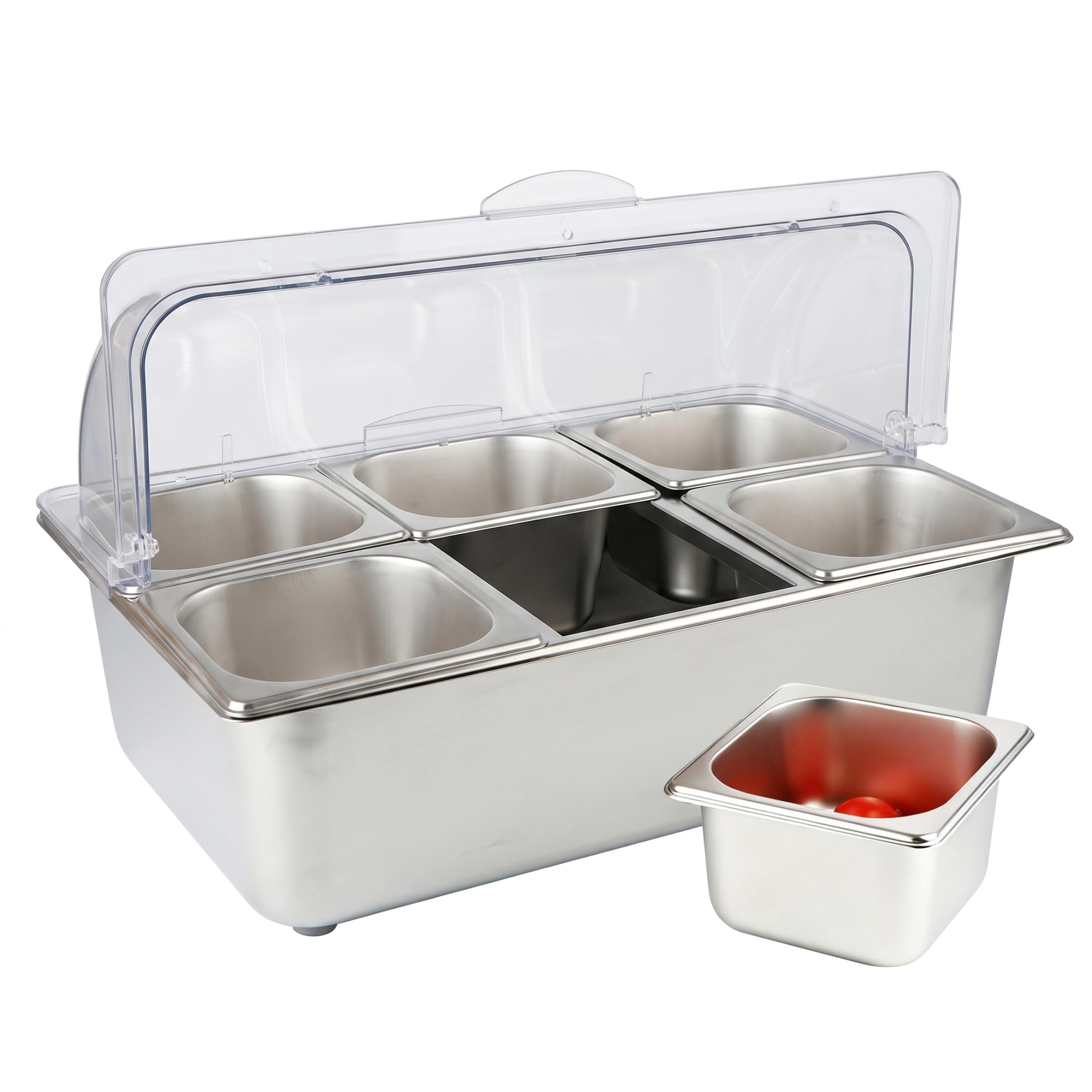 Bemonew Chilled Serving Tray, 6-Grid Cold Food Buffet Server with Ice Chamber & Lid Salad Dressing Container Food-Grade Condiment Tray for Bar, Home, Restaurant