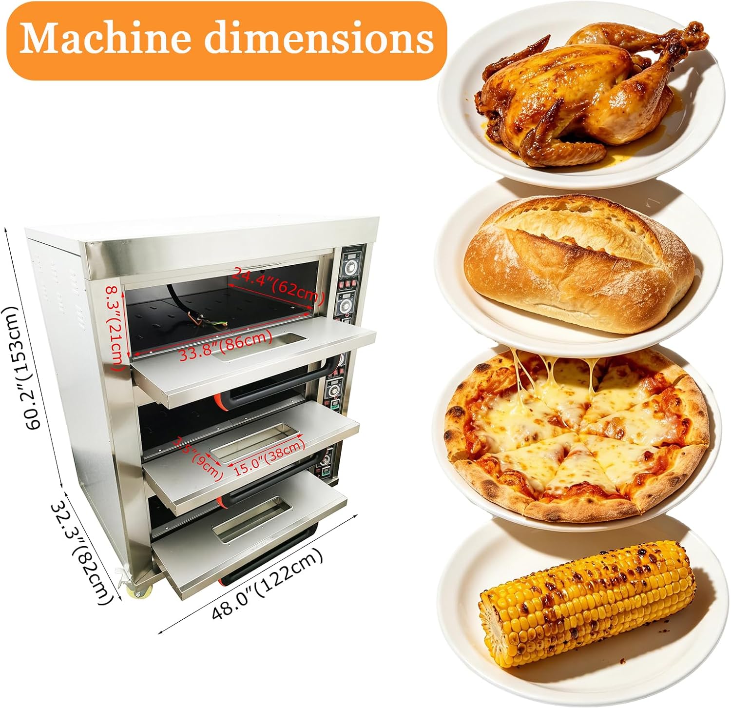 220V 3PH 19.8KW Commercial Movable Electric Triple Pizza Oven 6 Baking Sheets 20℃-400℃ Pizza Cookies Bread Cake Meat