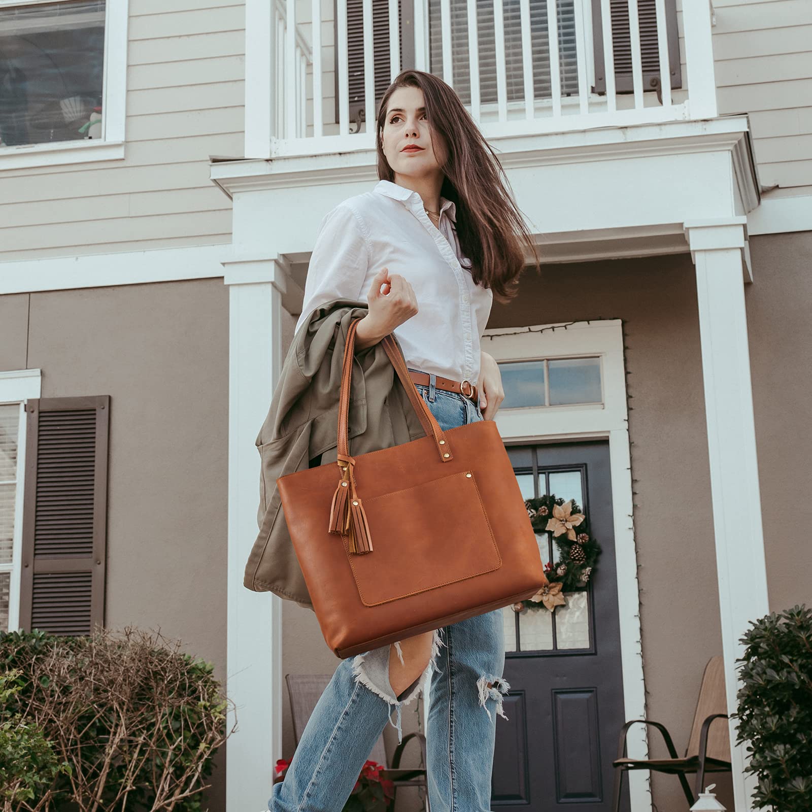 S-ZONE Women Vintage Genuine Leather Shoulder Tote Bag Large Work Handbag Purse