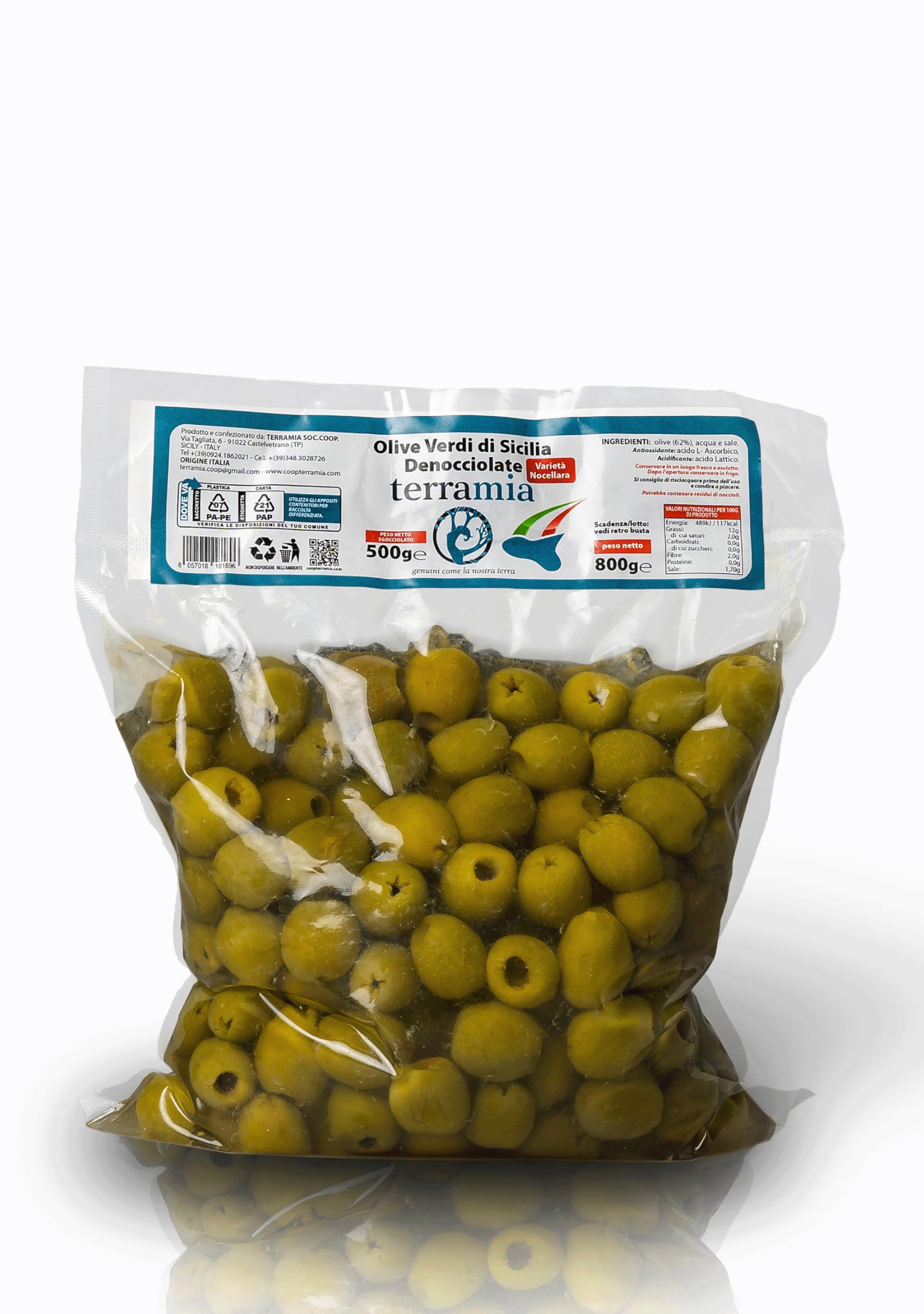 Terramia Olive Verdi Dolci di Sicilia "Nocellara" Denocciolate in Salamoia – Prodotto Artigianale da Azienda Premiata Ercole Olivario e Monna Oliva, Formato Scorta 2kg (4 Buste x 500g)