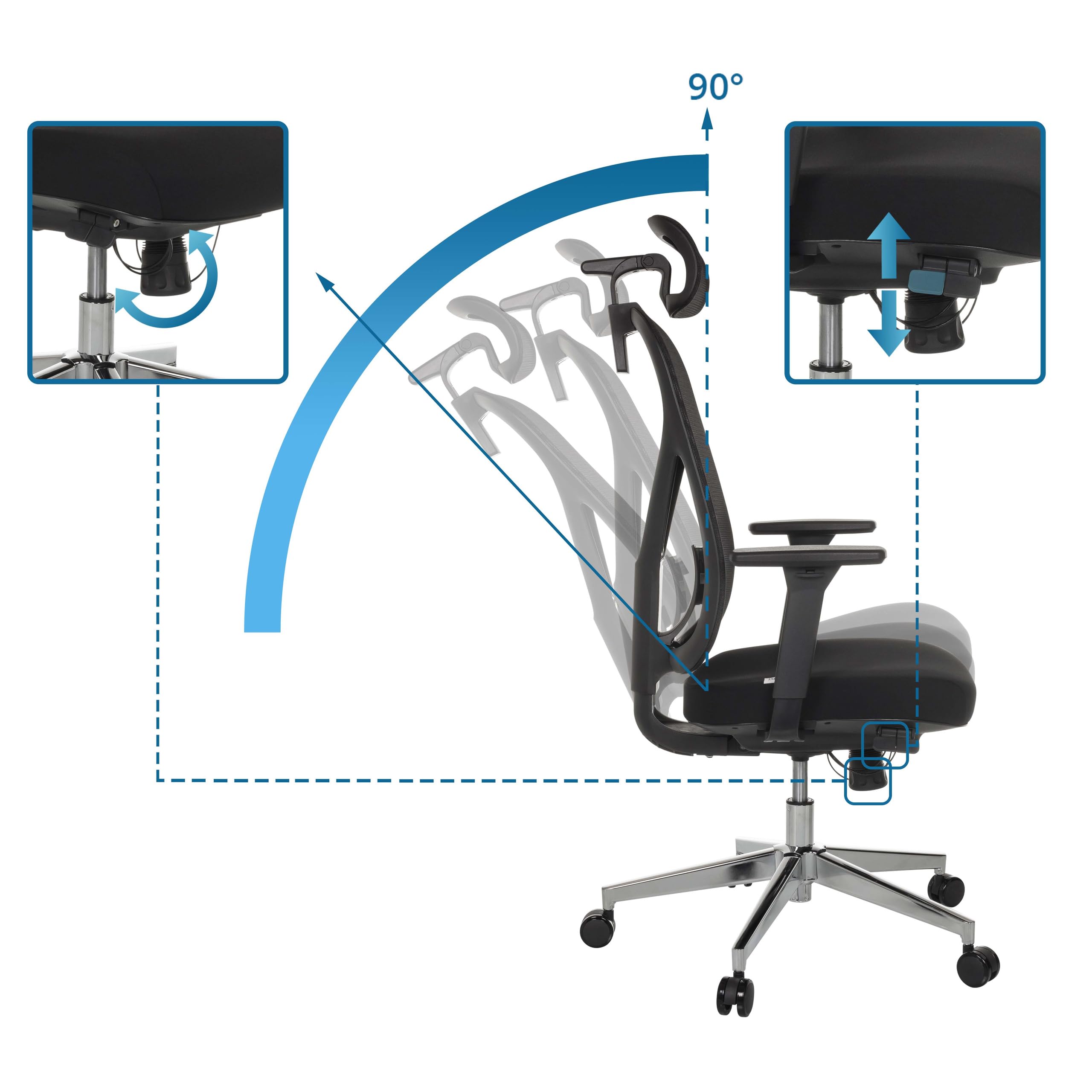 hjh OFFICE Bürostuhl ergonomisch RALOO PRO Netz Drehstuhl mit Verstellbarer Kopf- und Lordosenstütze, Sitztiefenverstellung, Schwarz