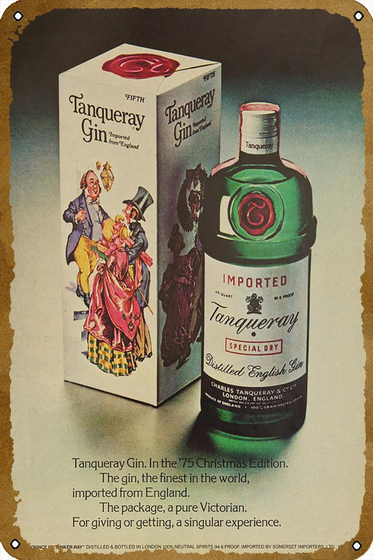 Vintage 1975 Tanqueray Gin Advertisement Poster Vintage Metal Tin sign Logo Family Club Bar Cafe Bedroom Art Wall Decoration Gift 8x12 inches