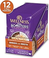 Vista 2 de Wellness Bowl Boosters Shreds with Broth Wet Cat Food Topper, sin granos, natural, receta de pollo, 1.75 onzas, paquete de 12 bolsas