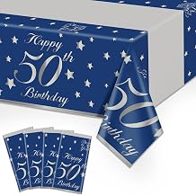 4 Pack 50th Birthday Tablecloths Navy Blue Plastic Disposable Blue Silver Rectangle Table Cover for Men Woman 50 Birthday Party Decorations, 51x87