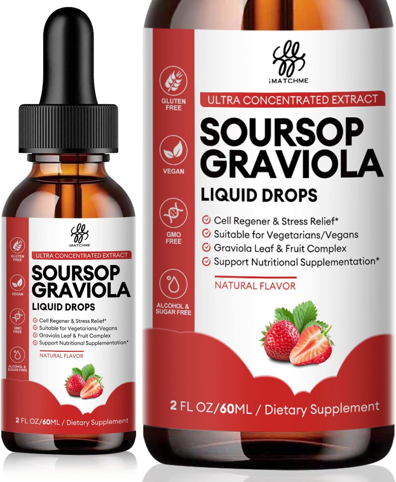 iMATCHME Soursop Graviola Liquid Drop, Soursop Bitters Liquid, Natural Soursop Leaves & Fruit Complex for Overall Wellness, Sugar/Caffeine/Gluten Free, Strawberry Flavor, 2 Fl Oz