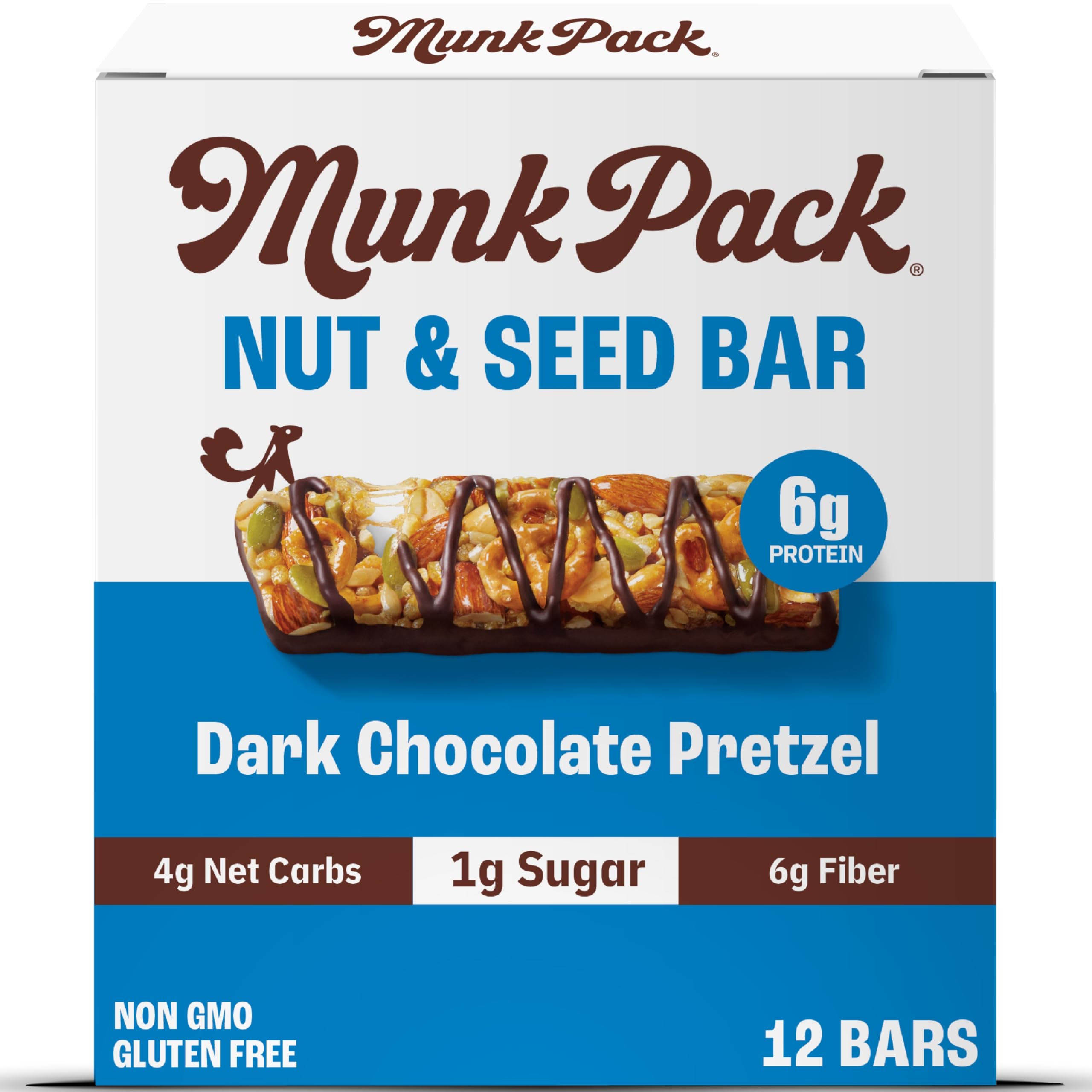 Munk Pack Nut and Seed Dark Chocolate Pretzel Bars 6g Protein 1g Sugar Low Carb and Keto Gluten Free Plant Based Zero Added Sugar Sweet and Salty Breakfast and Snack Bars 12 Pack