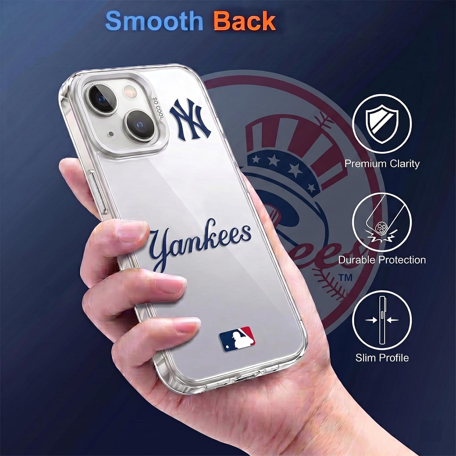 MLB New York Yankees Phone Case, Shockproof Protective Cover for iPhone 15, Silver-Plated Back with Raised Camera Protection, NY Yankees Gift image 3