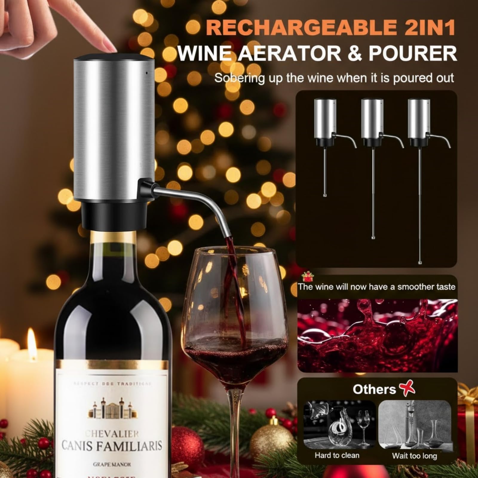 Tire-Bouchon Électrique Rechargeable 4 en 1, Coffret Cadeau avec Ouvre Bouteille & Aérateur de Vin Automatique, Bouchon à Vide et Coupe-Capsule, Idée Cadeau pour Noël et Anniversaire