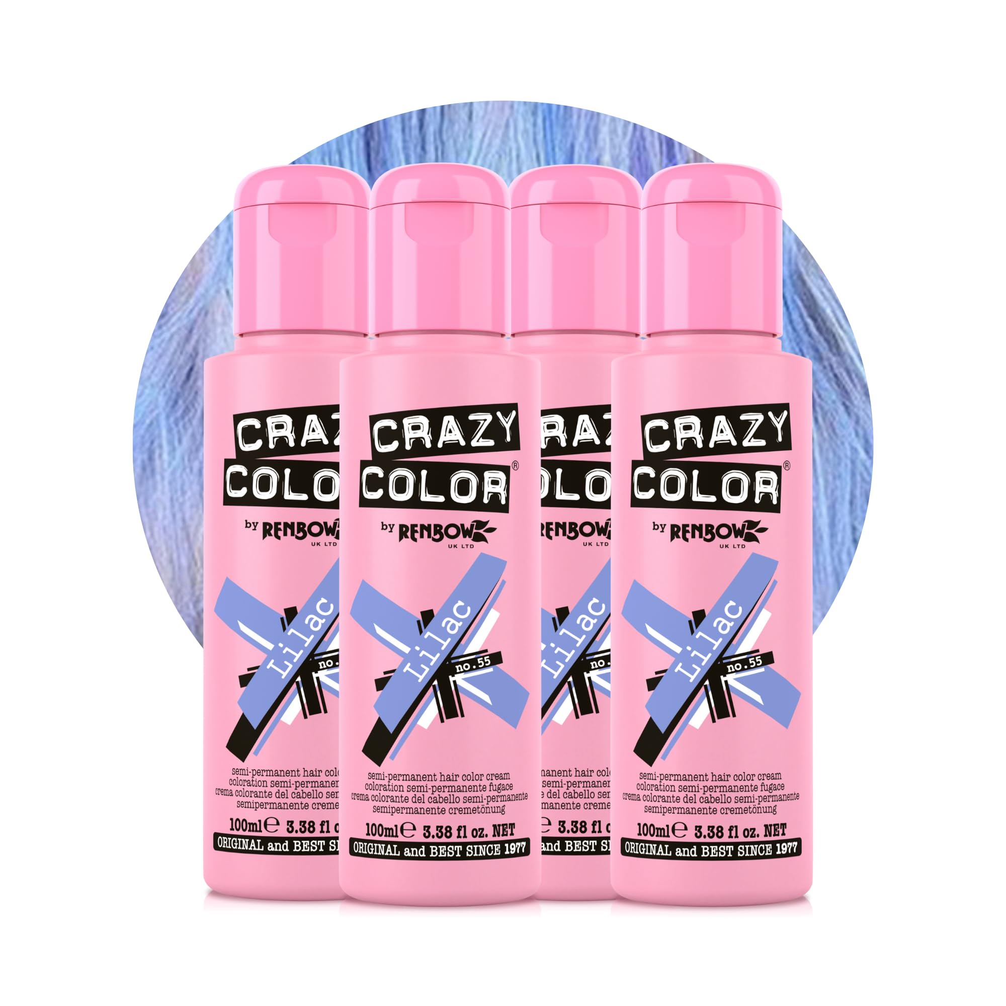Crazy Color Pastel Lilac Semi-Permanent 4 Pack Quad Hair Dye. Highly Pigmented Blueish Lilac Conditioning & Oil Nourishing Vegan Formula No Bleach or Ammonia 400ml
