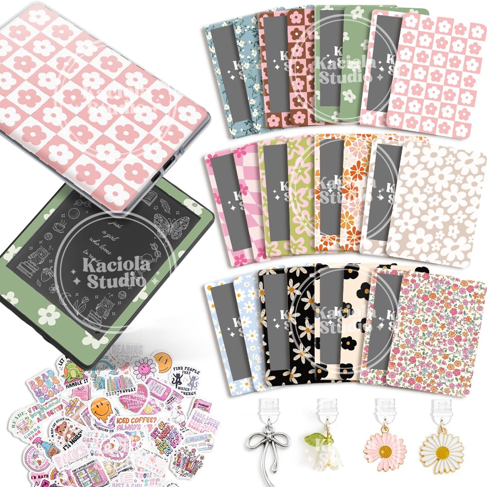 KACIOLA STUDIO 24PCS Simple Flower Skin Set for E-Reader, and 4PCS Type C Charms/50PCS Scrapbook Stickers for Clear Case, 6.9"x4.8" E-Reader Skin Front and Back Decal for Paper White 11th